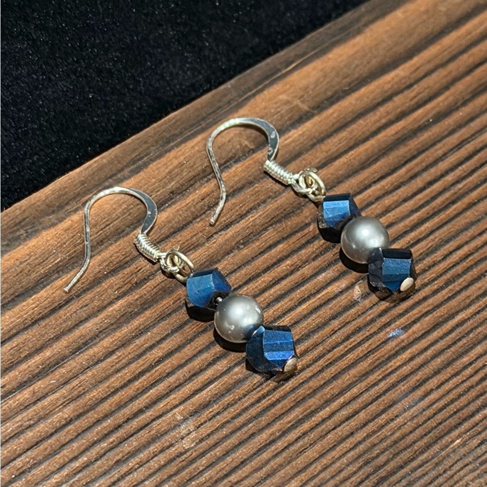Dainty Silver and Blue Beaded Earrings